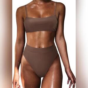 NWOT Two Piece High Waisted High Cut Bikini Swimsuit, Cocoa Brown, (US Size 6-8)